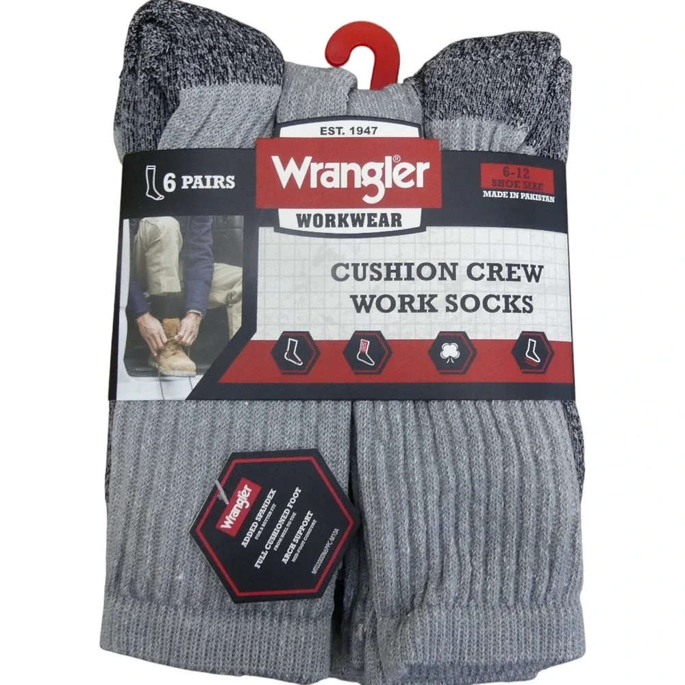 Wrangler Cushion Crew Work Socks Mens 6-12 Grey New 6 Pairs Pack WRM401